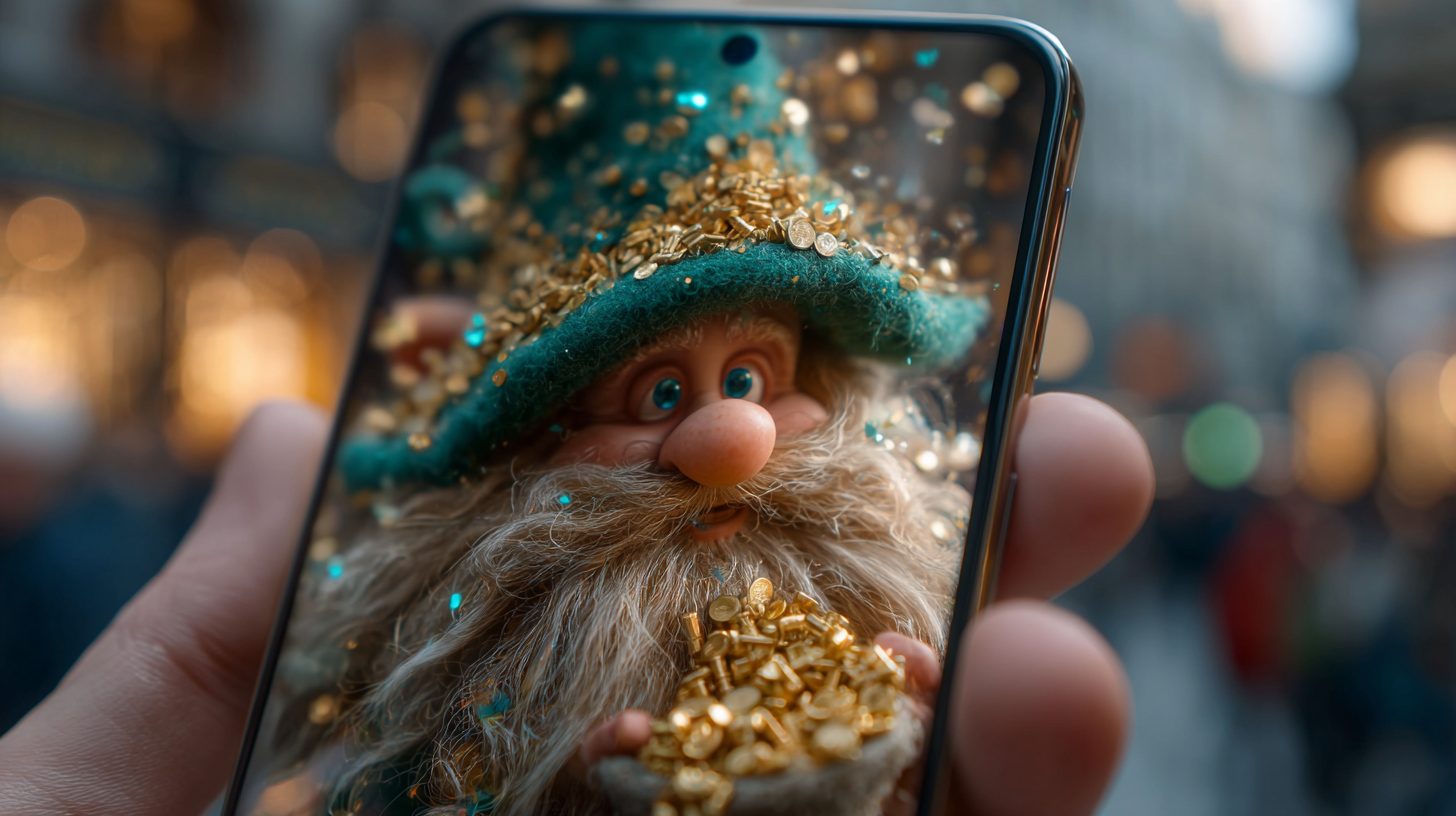 Цифровая визуализация денежного гнома на экране смартфона