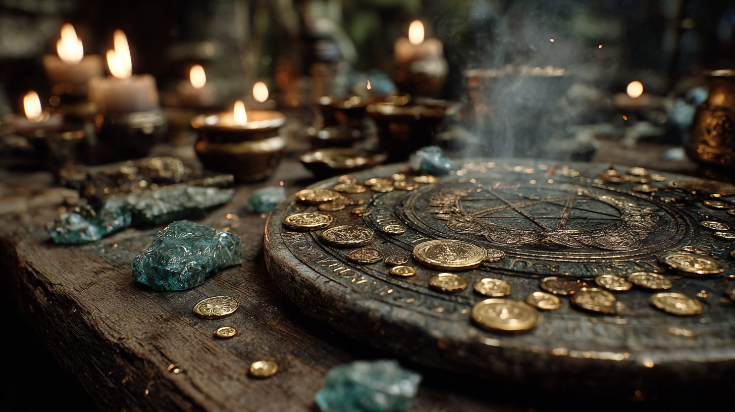 Расстановка монет для ритуала привлечения денежного гнома