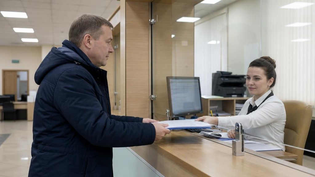 Мужчина подаёт документы в окно приёма МФЦ на банкротство