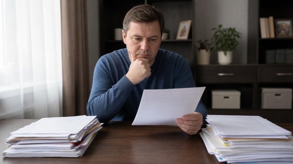 человек взвешивает решение о банкротстве за столом с документами