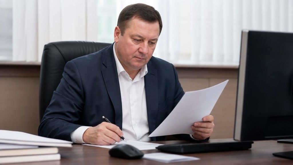 Деловой человек изучает платёжные документы за рабочим столом