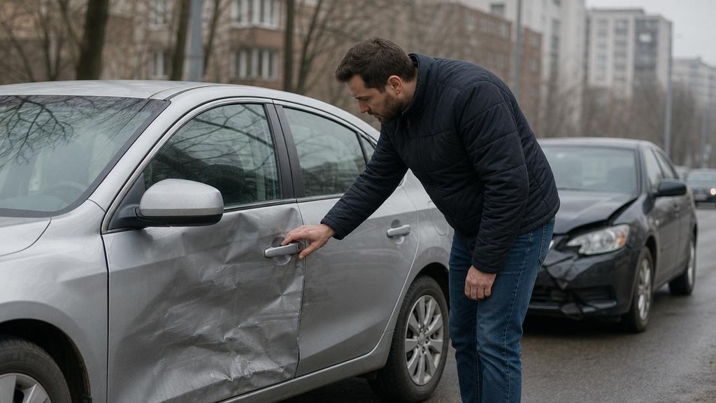 повреждённый автомобиль на парковке после ДТП