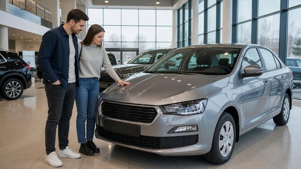 семья осматривает новый автомобиль в автосалоне