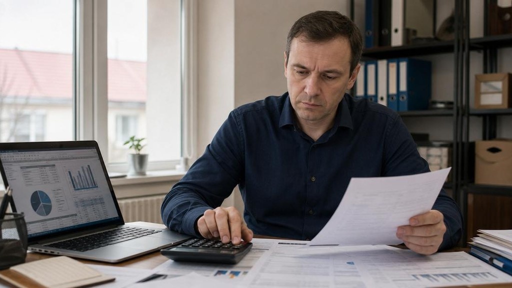 Предприниматель с кредитными документами в небольшом офисе