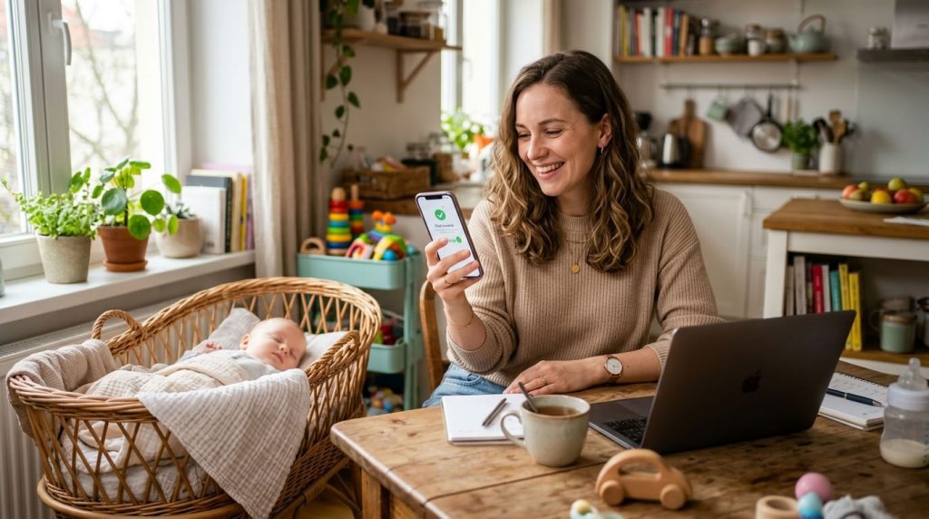 Мама с ноутбуком проверяет уведомление о доходе рядом со спящим ребенком.