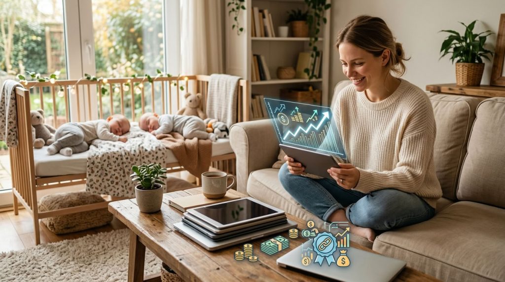 Мама анализирует график пассивного дохода рядом со спящими детьми в домашней обстановке.