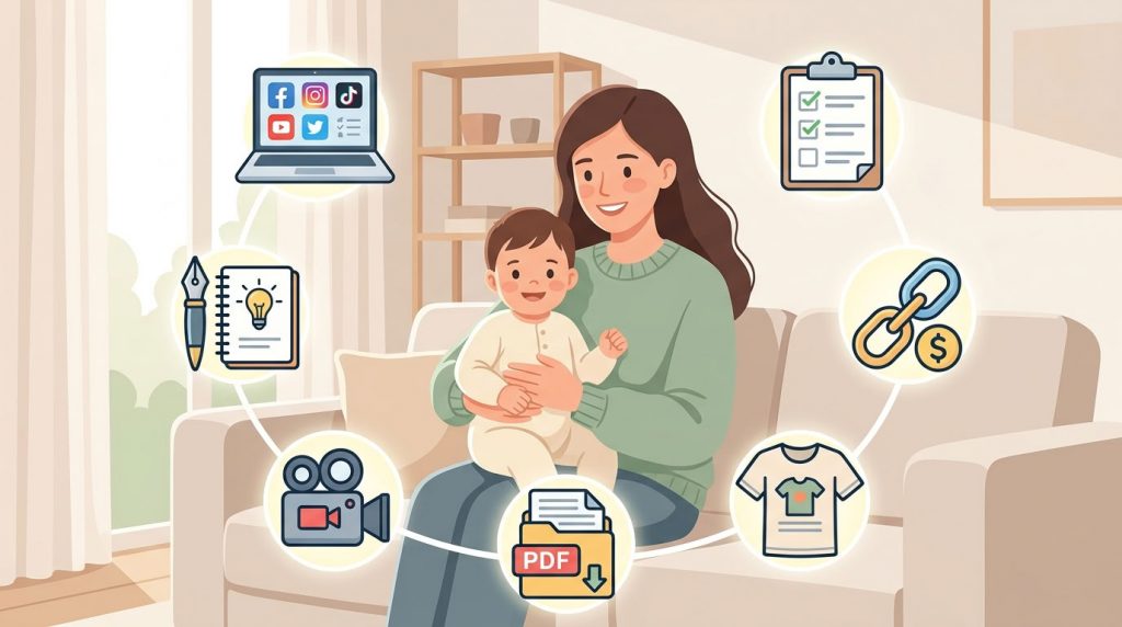 Семь иконок способов заработка вокруг мамы с ребенком в домашней обстановке, иллюстрирует топ методов пассивного дохода в декрете без стартового капитала.