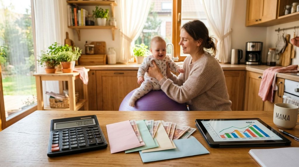 Калькулятор с расчетом дохода и пачки денег рядом с мамой и ребенком в кухне.