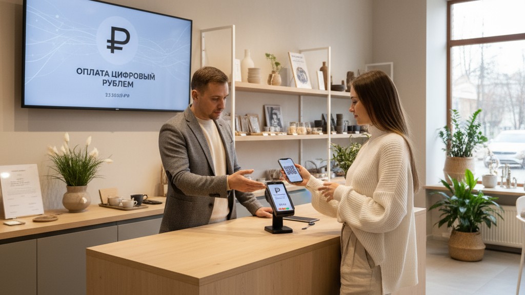 Оплата цифровым рублем в современном магазине между продавцом и покупателем