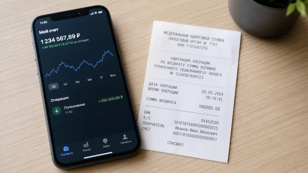 Квитанция о возврате НДФЛ и мобильное приложение брокера на смартфоне