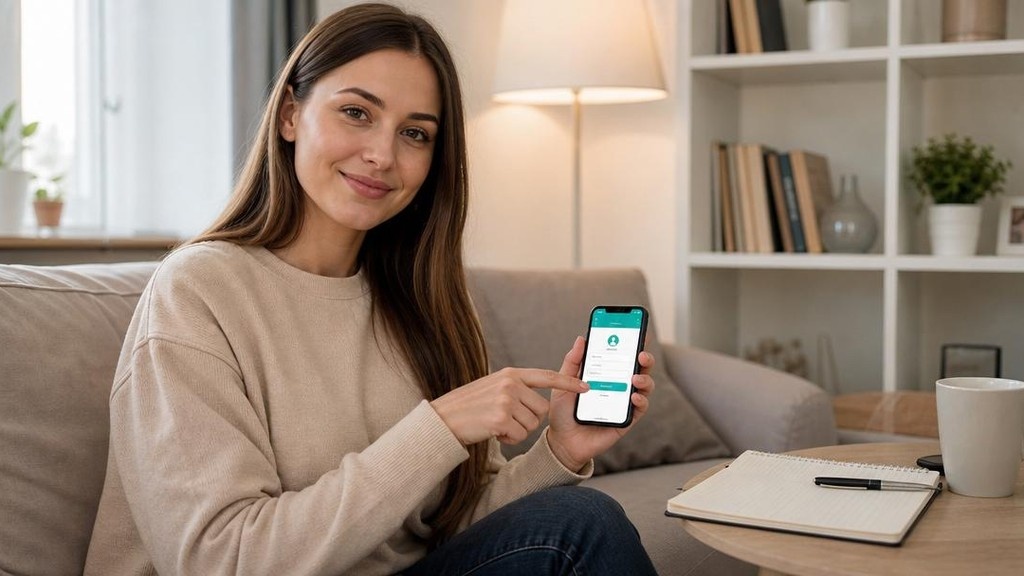Молодая женщина регистрирует самозанятость через приложение на смартфоне