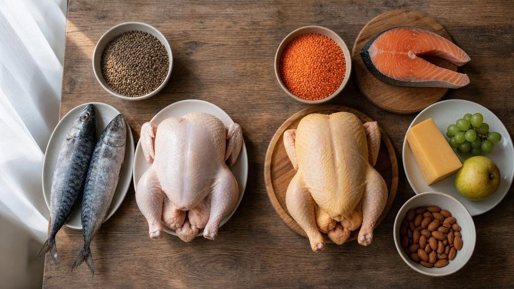 бюджетные продукты - курица, чечевица и скумбрия на столе