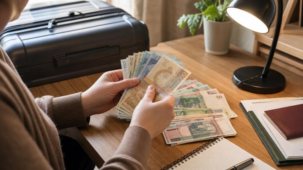 человек считает иностранные купюры перед поездкой за рубеж