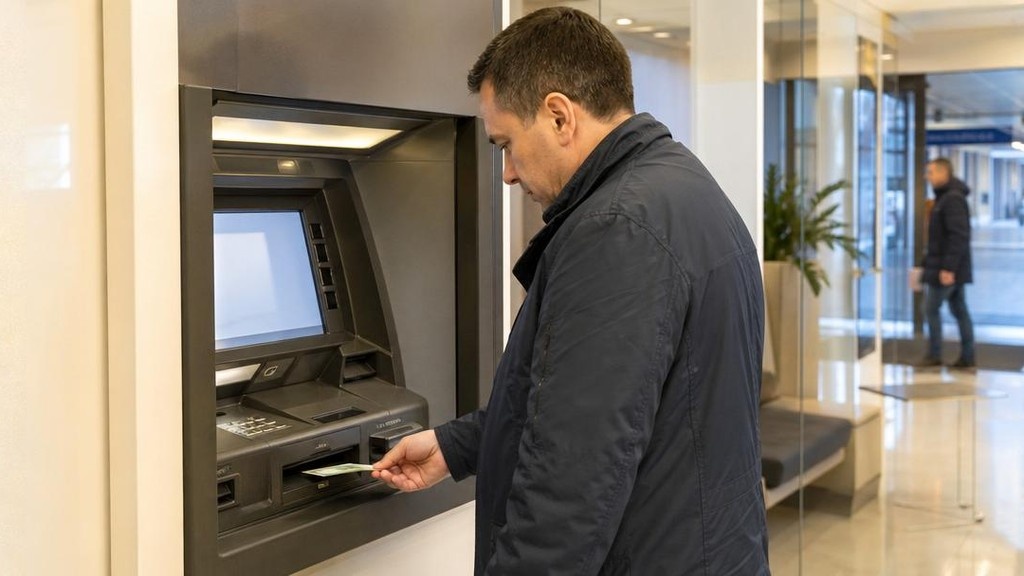 Мужчина вносит наличные через банкомат