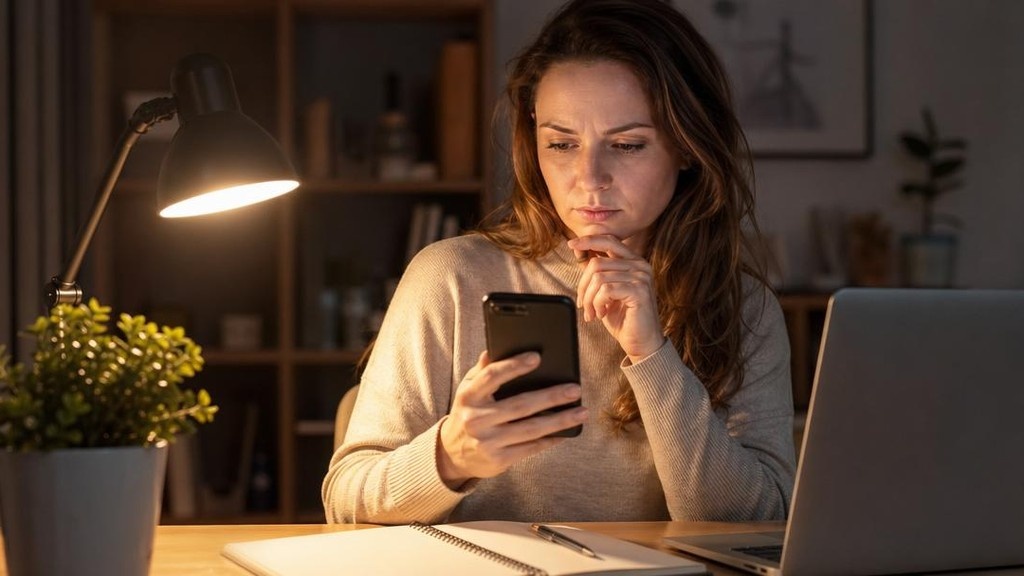 Женщина внимательно читает SMS с кодом подтверждения перевода