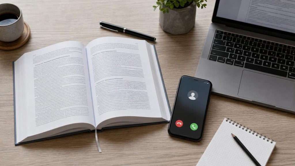 Открытая книга законов рядом со смартфоном с входящим звонком