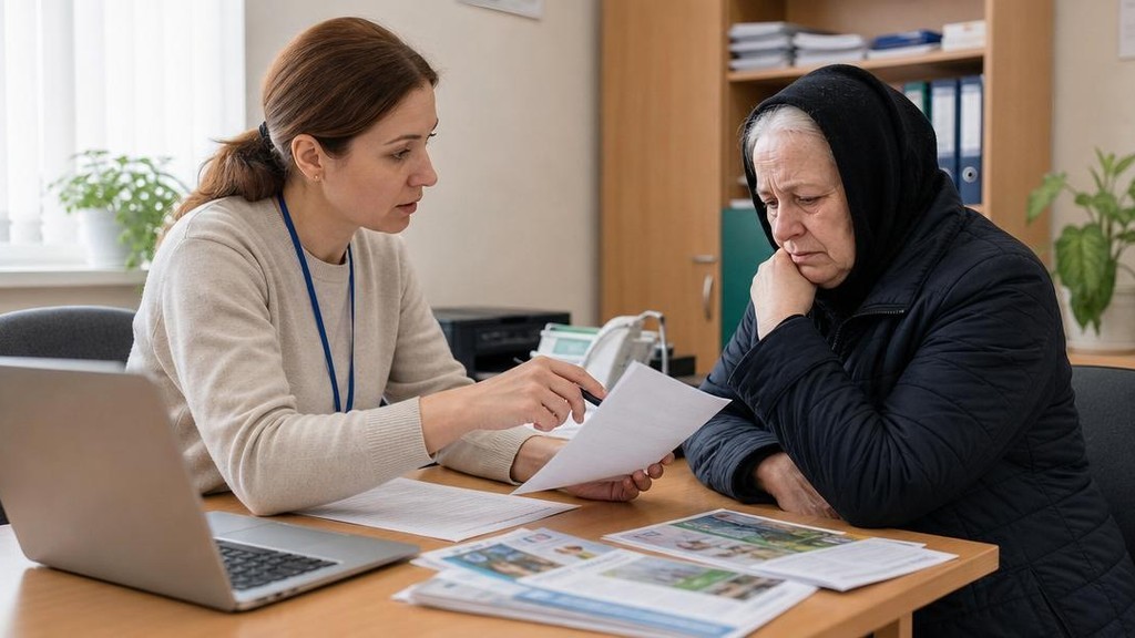 сотрудник социальной службы объясняет льготы на похороны пожилой женщине