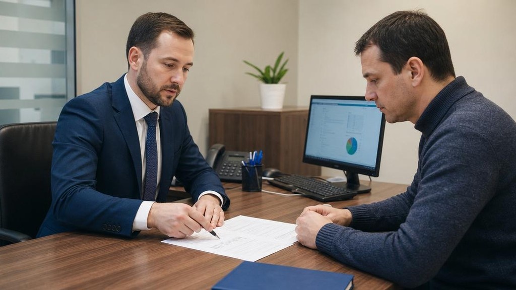 банковский менеджер объясняет клиенту расчёт дохода по ипотеке