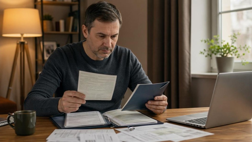 Владелец автомобиля проверяет папку с документами перед продажей