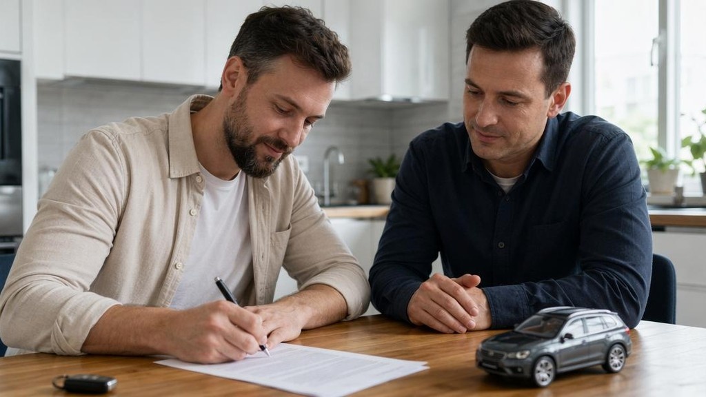 Покупатель и продавец подписывают договор купли-продажи за столом