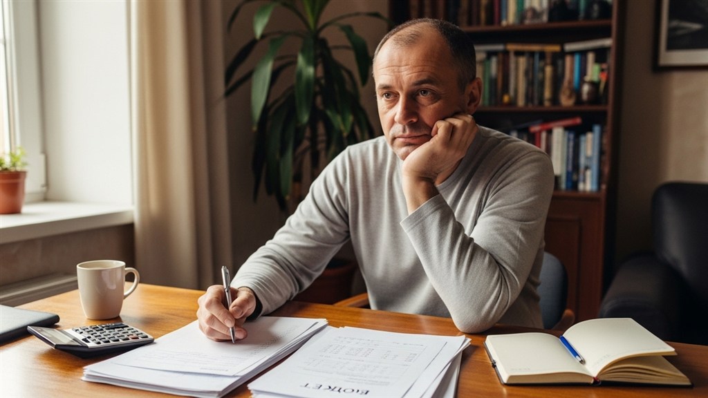Мужчина задумчиво смотрит на бумаги с семейным бюджетом