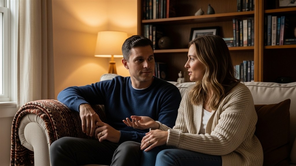 Пара обсуждает финансовые вопросы дома на диване