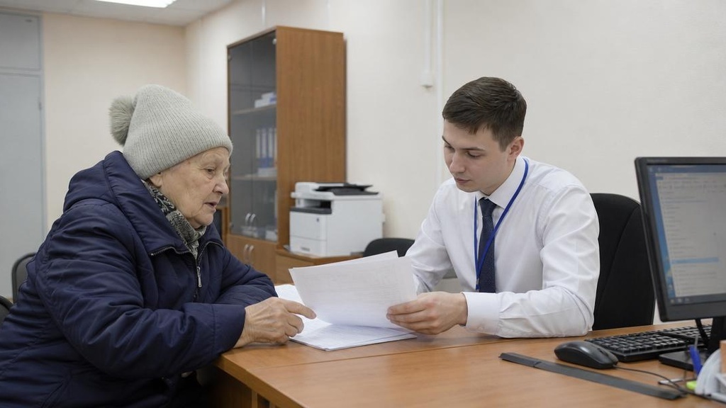 Пожилая женщина и молодой консультант изучают документы за столом в государственном учреждении