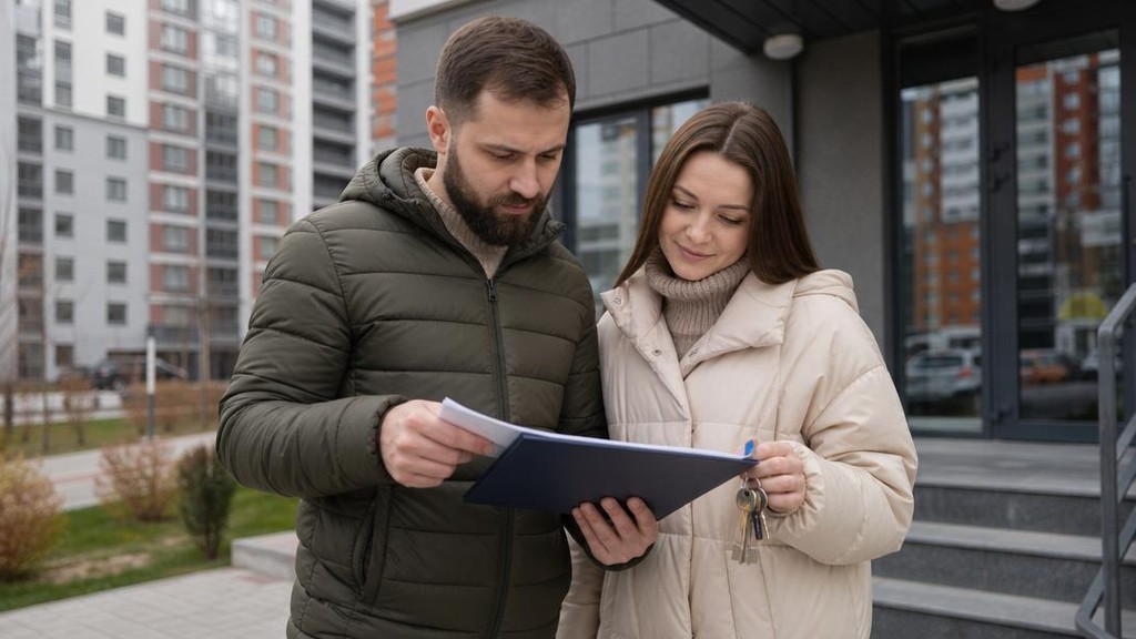новостройка и покупатель с документами у входа