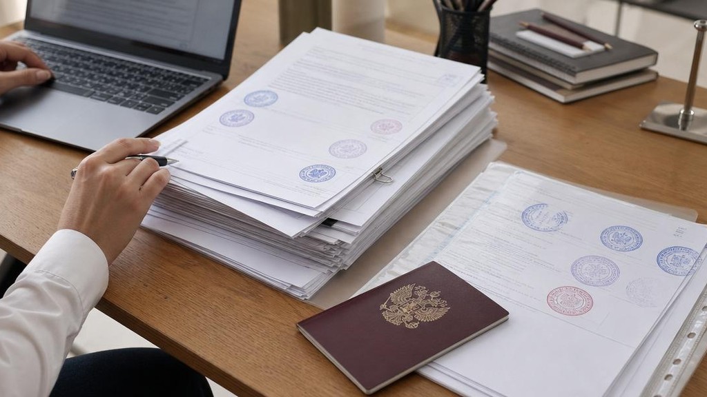 стопка переведённых документов с апостилем на столе