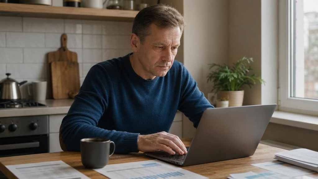 Российский блогер работает за ноутбуком, планирует монетизацию канала