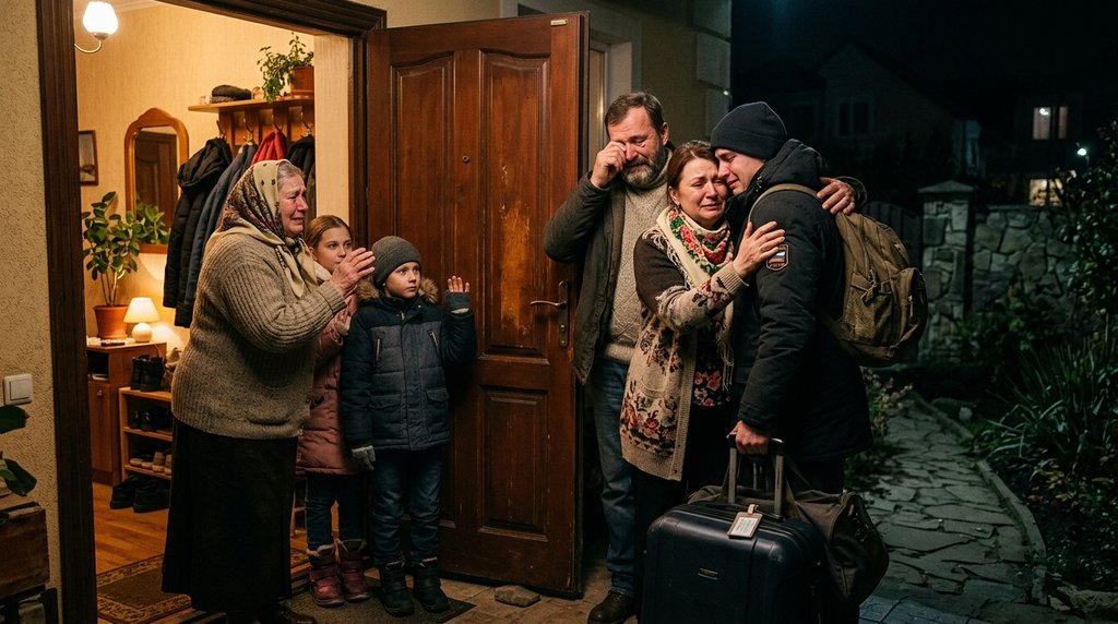 Семья провожает родственника в дорогу у входной двери
