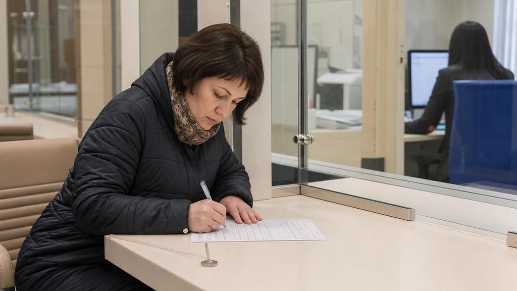 Женщина заполняет официальное заявление в МФЦ