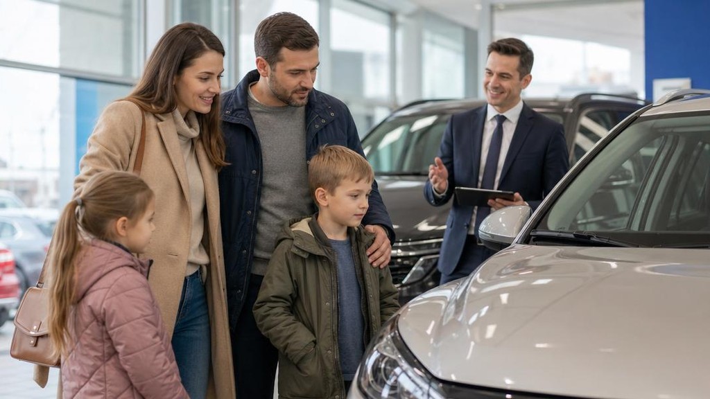 Молодая семья с детьми выбирает автомобиль в автосалоне