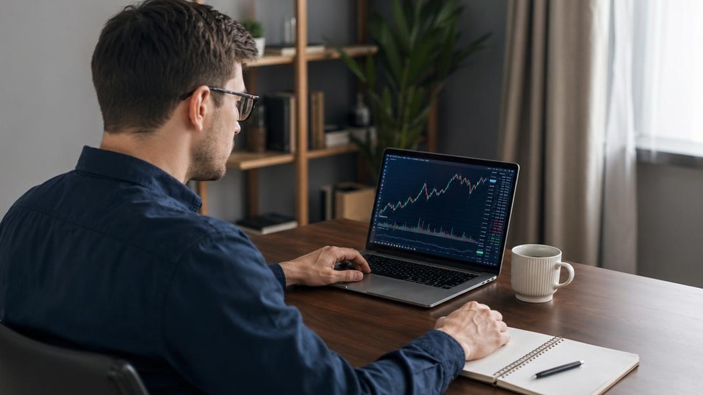 инвестор изучает портфельные стратегии на ноутбуке