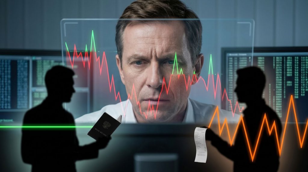 Банковский сотрудник анализирует скачущий график доходов самозанятого на мониторе