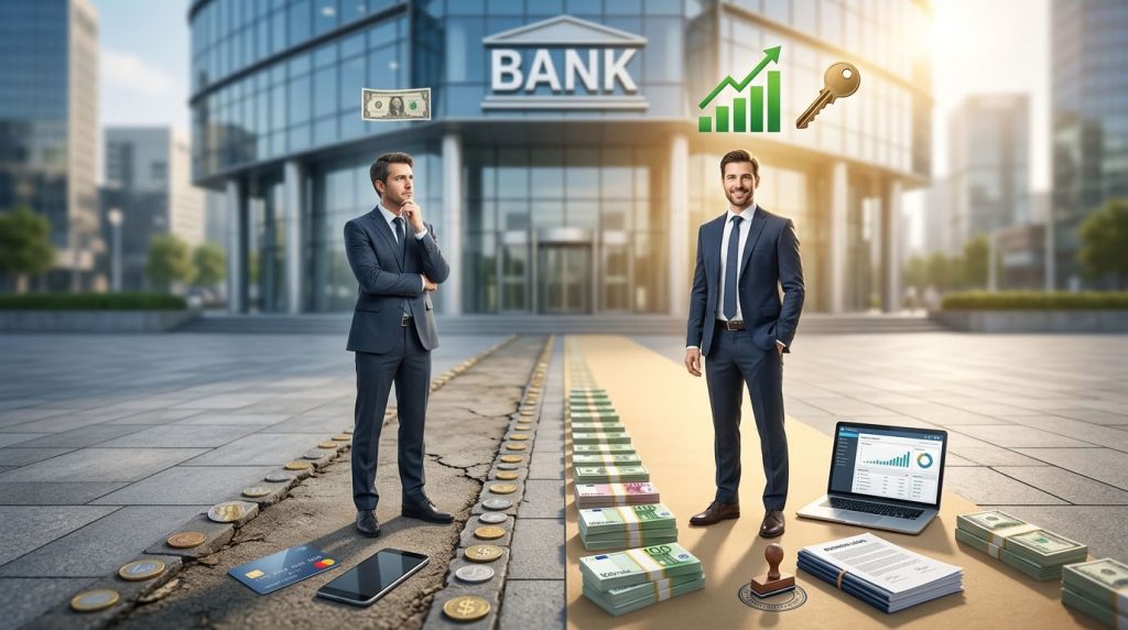 Два пути кредитования для самозанятого и индивидуального предпринимателя перед зданием банка