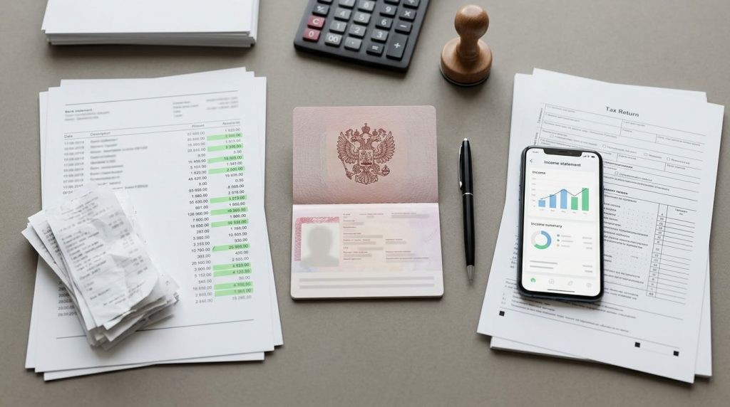 Аккуратно разложенные документы для кредита: паспорт, банковская выписка и налоговая декларация на столе