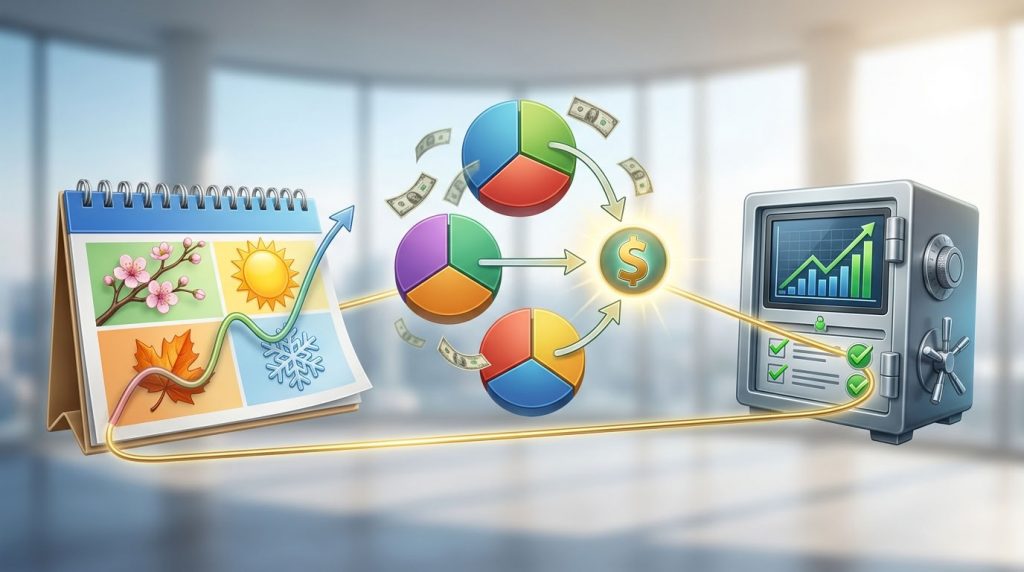 Календарь с сезонами и волнообразный график финансовой стабильности для кредитной заявки