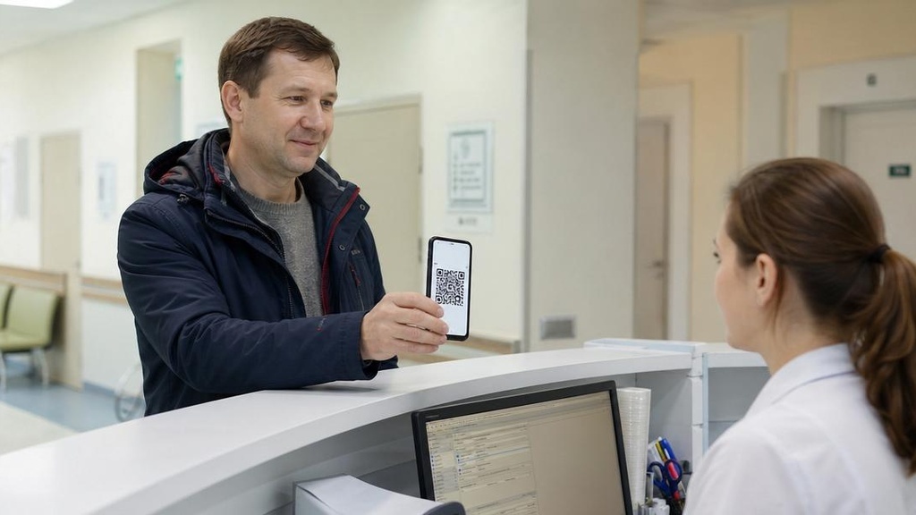 Пациент показывает QR-код полиса ОМС на телефоне в регистратуре