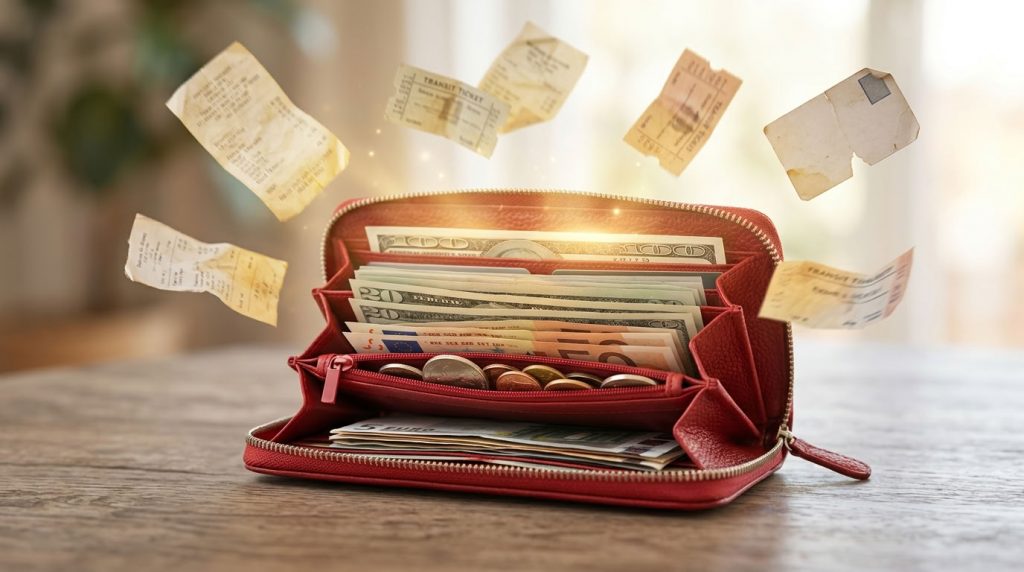 Красный кошелек с аккуратными купюрами из которого вылетают старые чеки и хлам