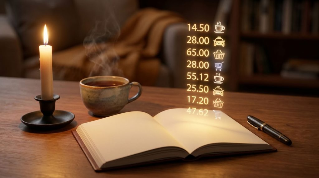 Блокнот для учета расходов с парящими светящимися цифрами при свечах
