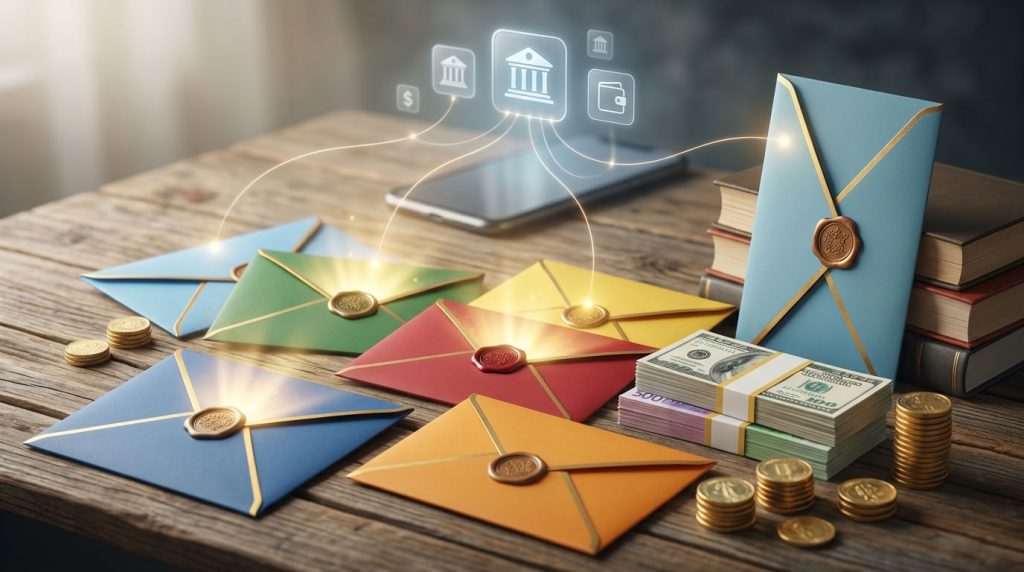 Разноцветные конверты с золотым свечением и стопки купюр для распределения бюджета