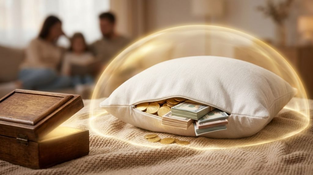 Белая подушка безопасности из которой сыплются золотые монеты и купюры