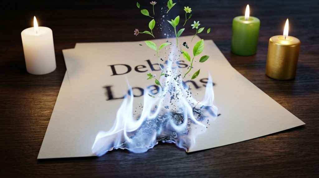 Лист бумаги со словом долги сгорает голубым пламенем превращаясь в ростки