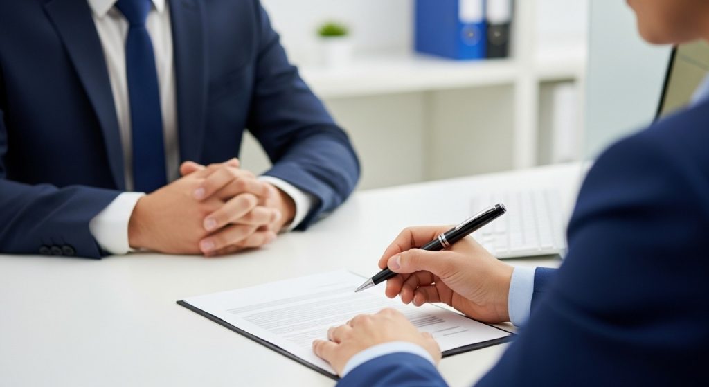 Клиент банка подписывает договор кредитования в офисе, оформление документов на вторую ипотеку