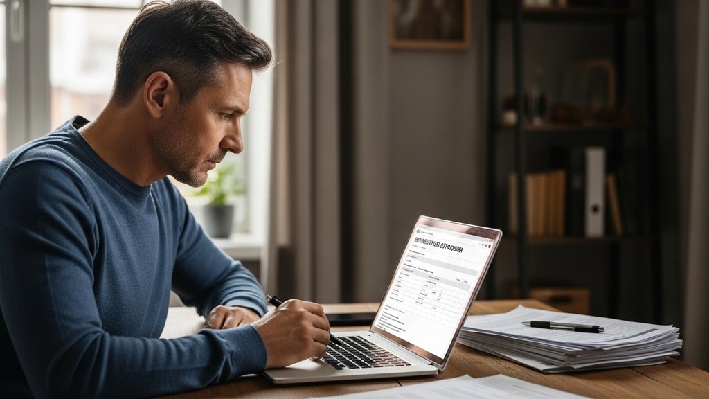 Мужчина заполняет анкету страхования жизни за ноутбуком