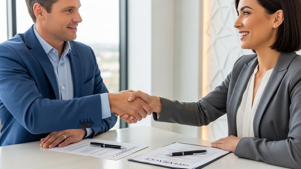 Рукопожатие при подписании нового страхового договора в офисе