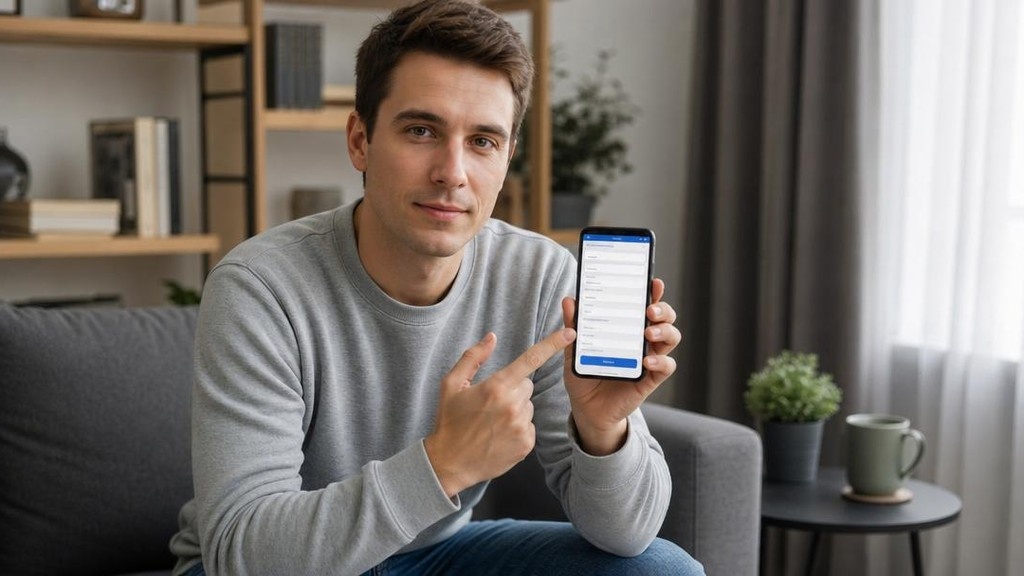 Молодой человек заполняет анкету для опроса на смартфоне