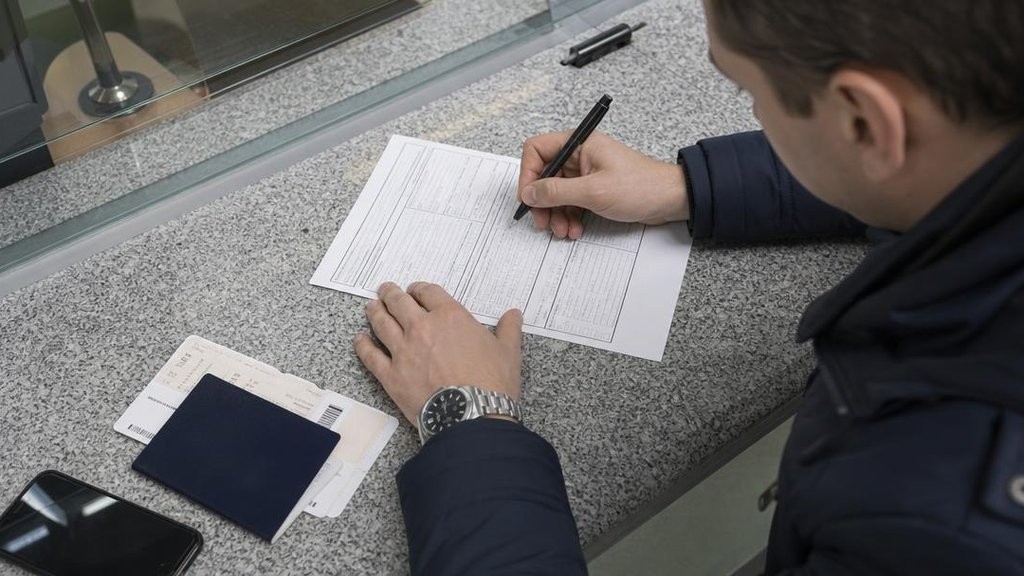 Руки заполняют таможенную декларацию ручкой на стойке