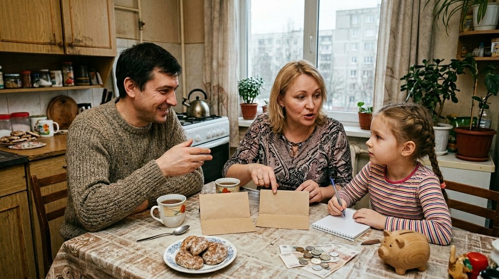 Семья обсуждает правила карманных денег